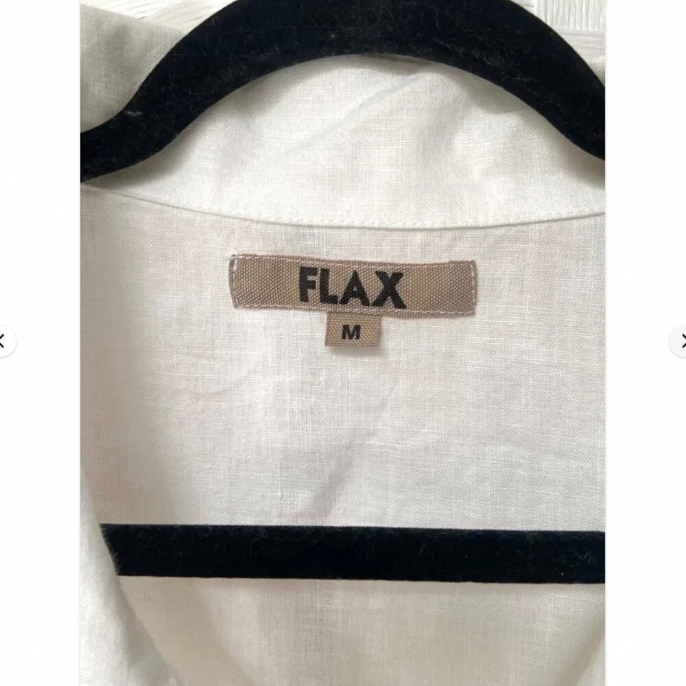 FLAX 100% Linen Short Sleeve White Collared Shirt Size M - Picture 2 of 5
